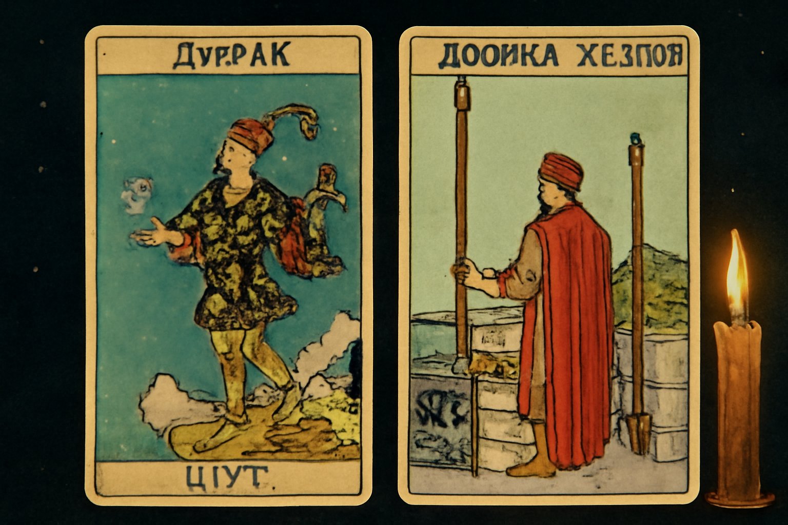 Дурак Шут и Двойка Жезлов - иллюстрация таро