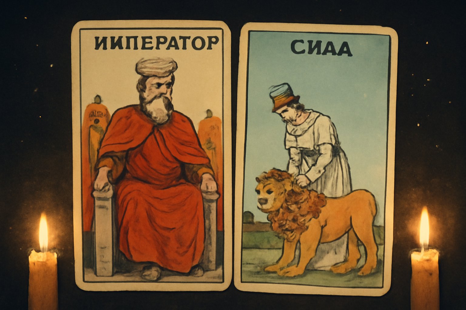 Император и Сила - иллюстрация таро