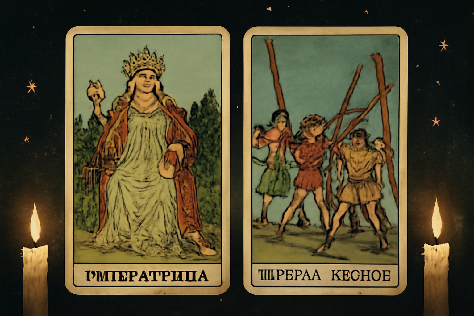 Императрица и Пятёрка Жезлов - иллюстрация таро