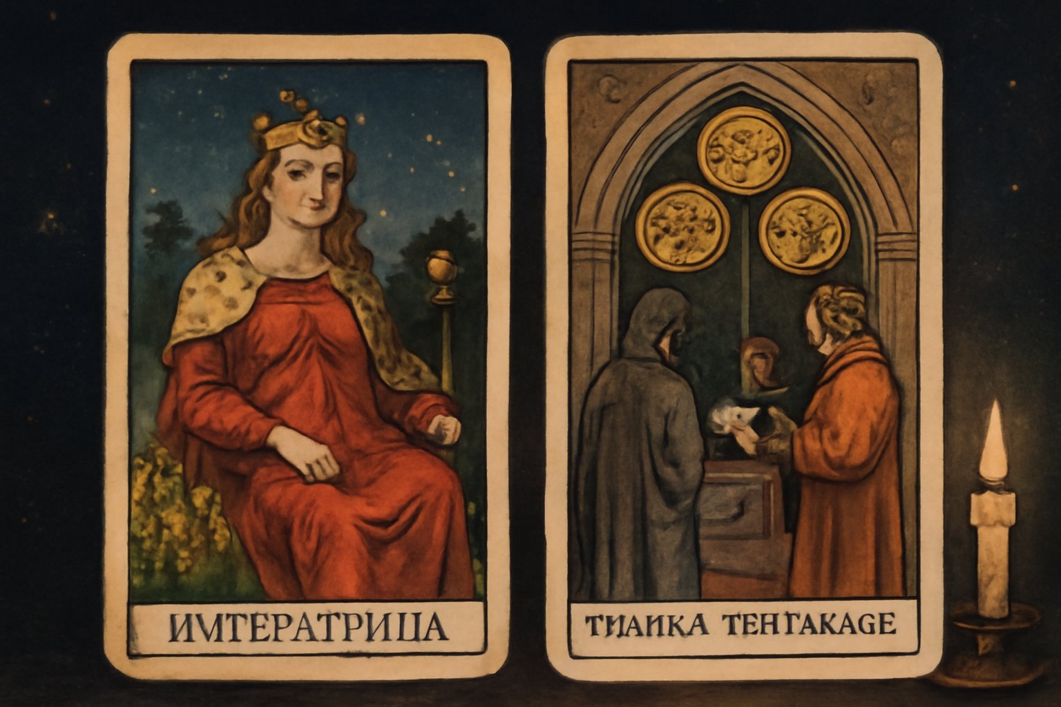 Императрица и Тройка Пентаклей - иллюстрация таро