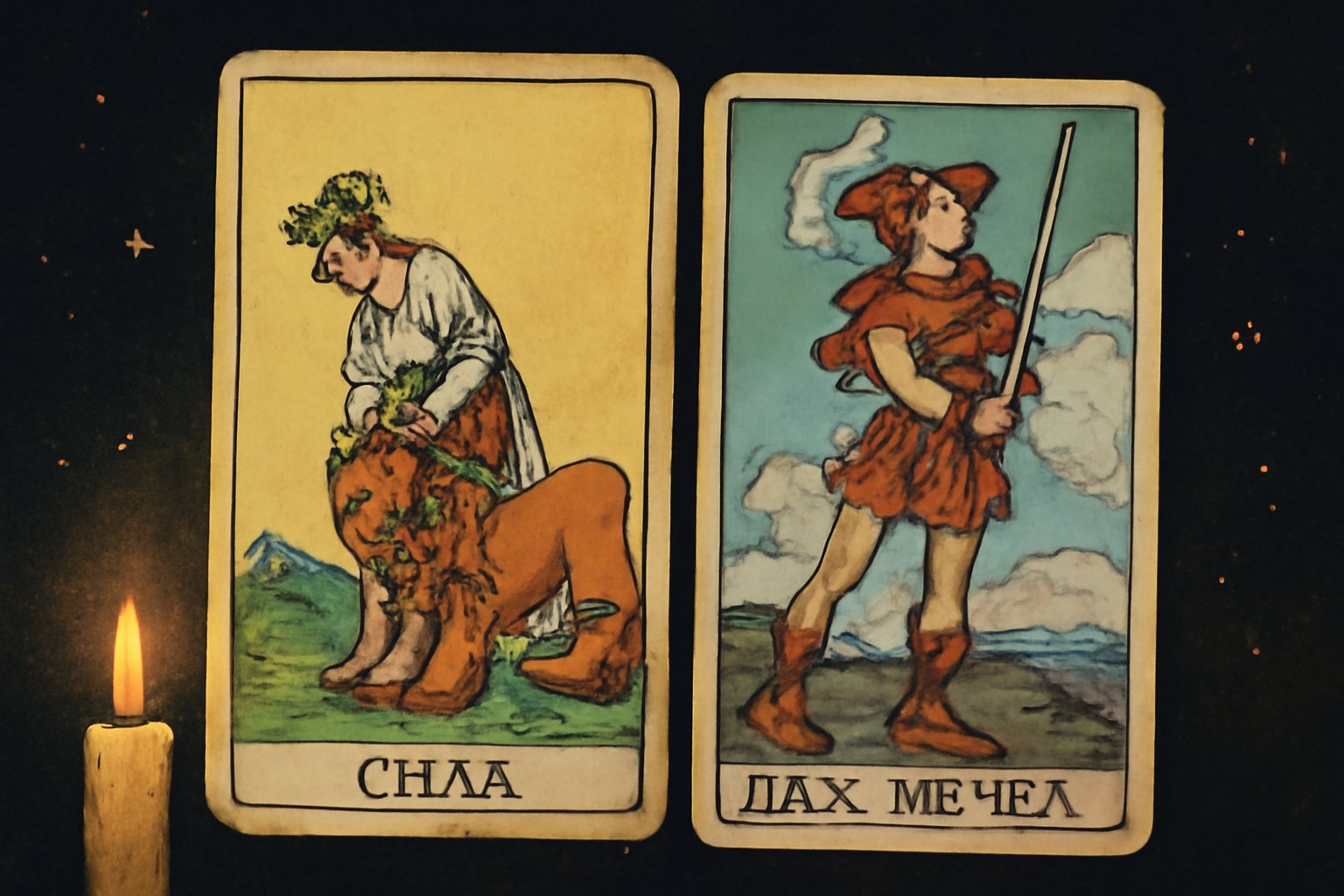 Сила и Паж Мечей - иллюстрация таро
