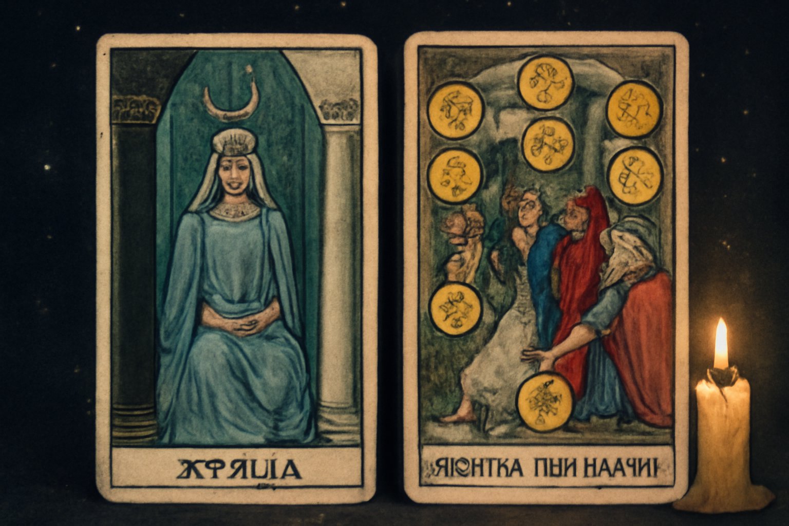 Жрица и Десятка Пентаклей - иллюстрация таро