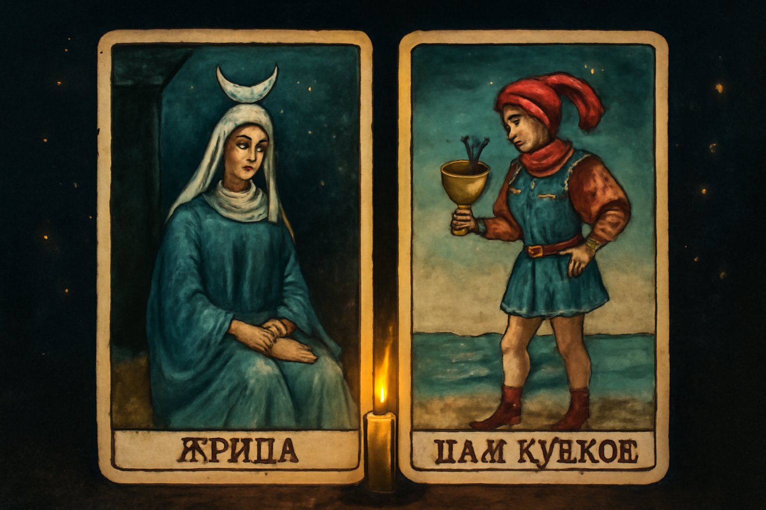 Жрица и Паж Кубков - иллюстрация таро