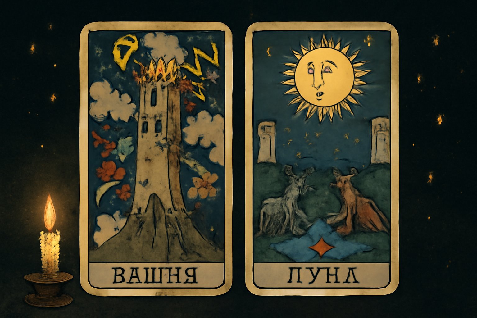 Башня и Луна - иллюстрация таро