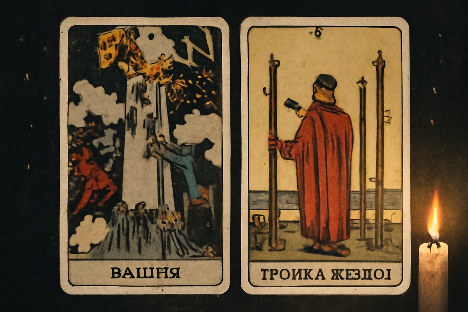 Башня и Тройка Жезлов - иллюстрация таро