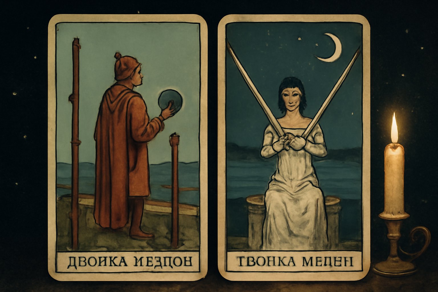 Двойка Жезлов и Двойка Мечей - иллюстрация таро
