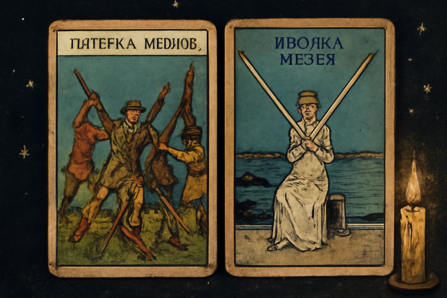 Пятёрка Жезлов и Двойка Мечей - иллюстрация таро