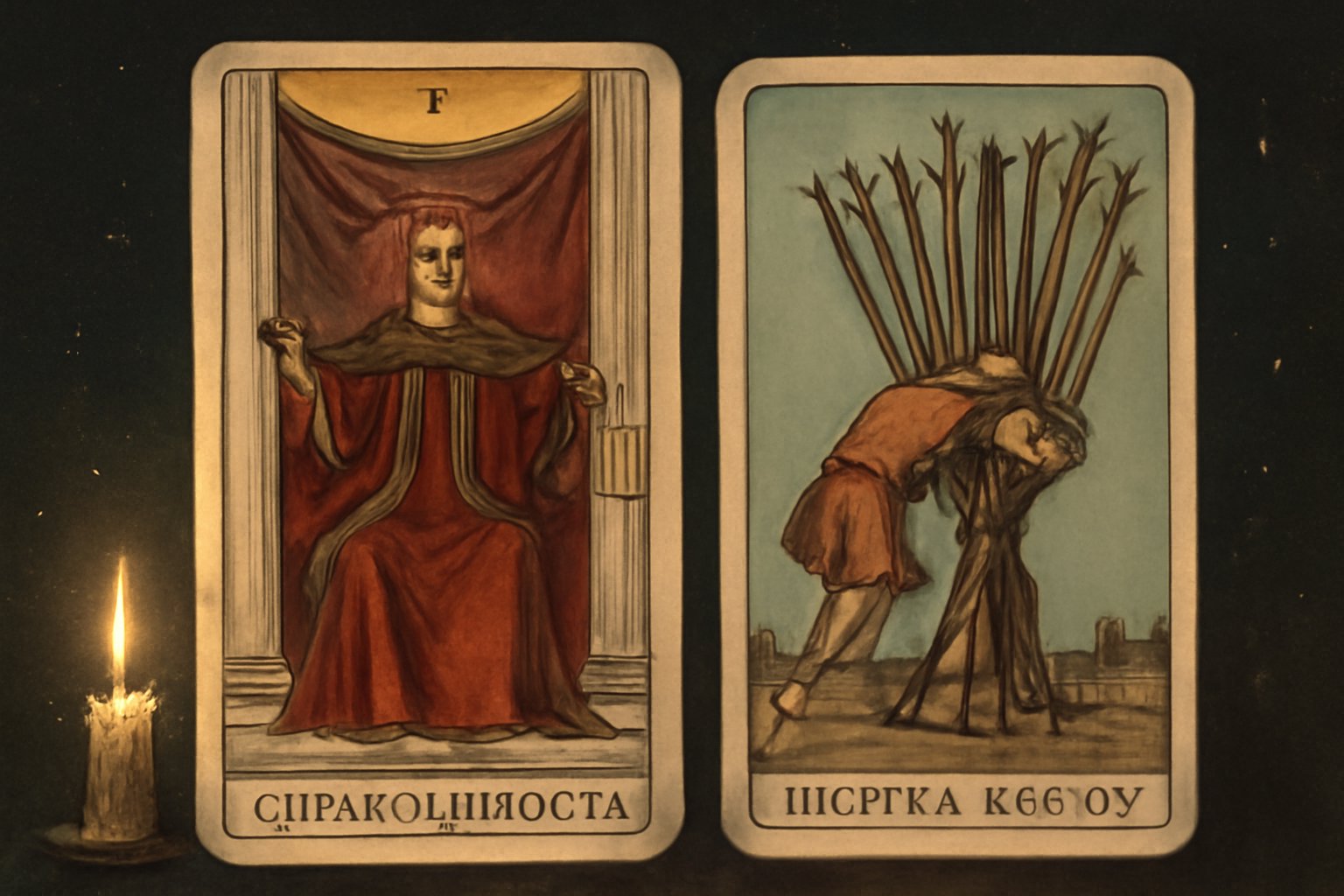 Справедливость и Десятка Жезлов - иллюстрация таро