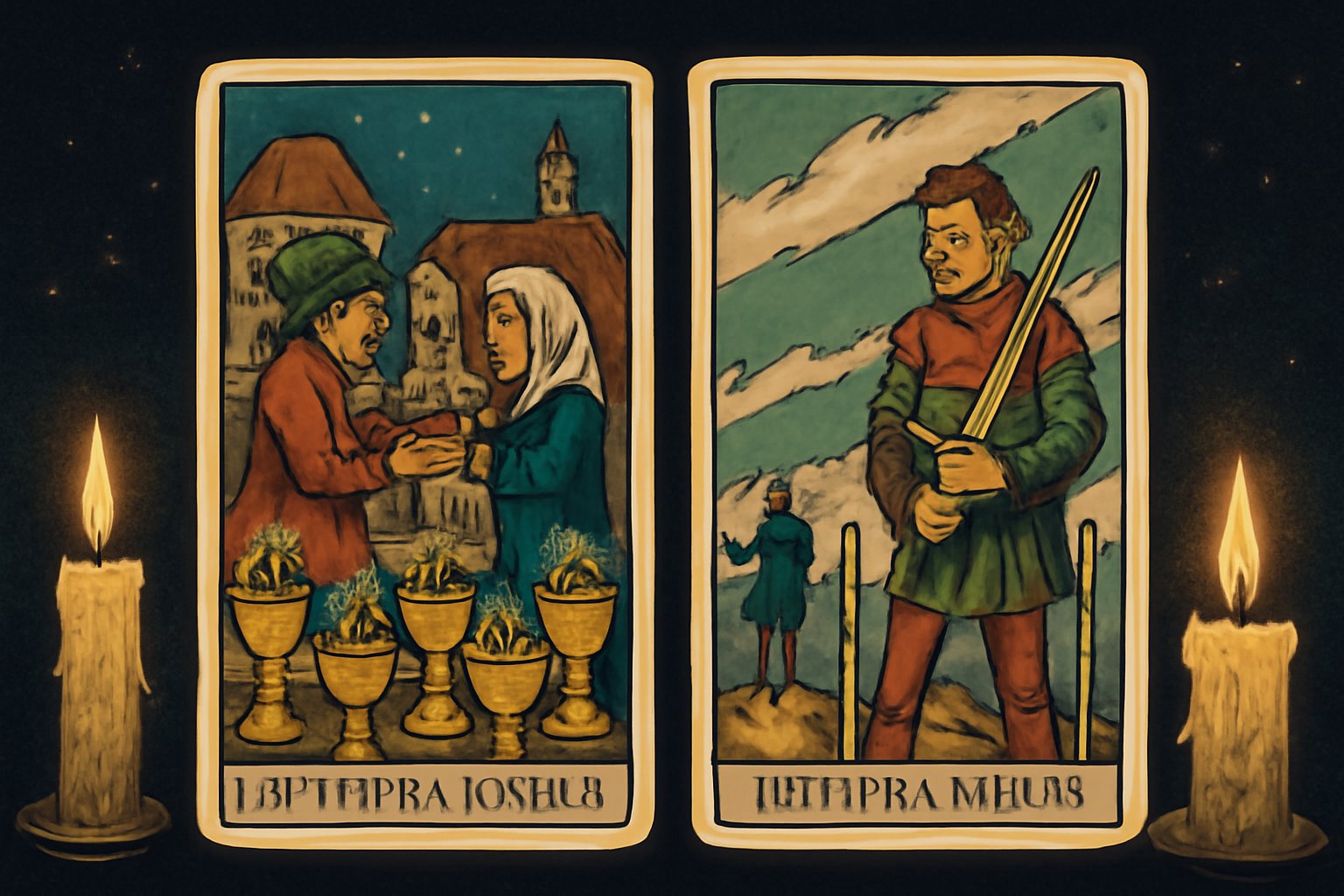 Шестёрка Кубков и Пятёрка Мечей - иллюстрация таро