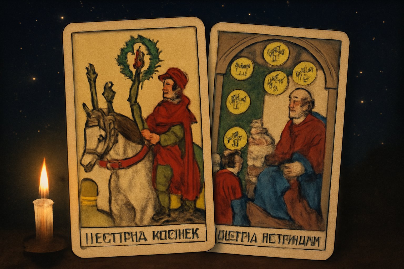Шестёрка Жезлов и Десятка Пентаклей - иллюстрация таро