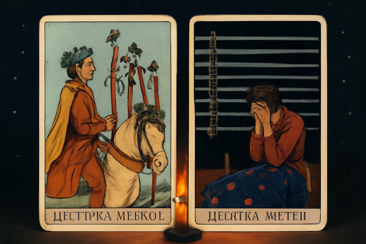 Шестёрка Жезлов и Девятка Мечей - иллюстрация таро