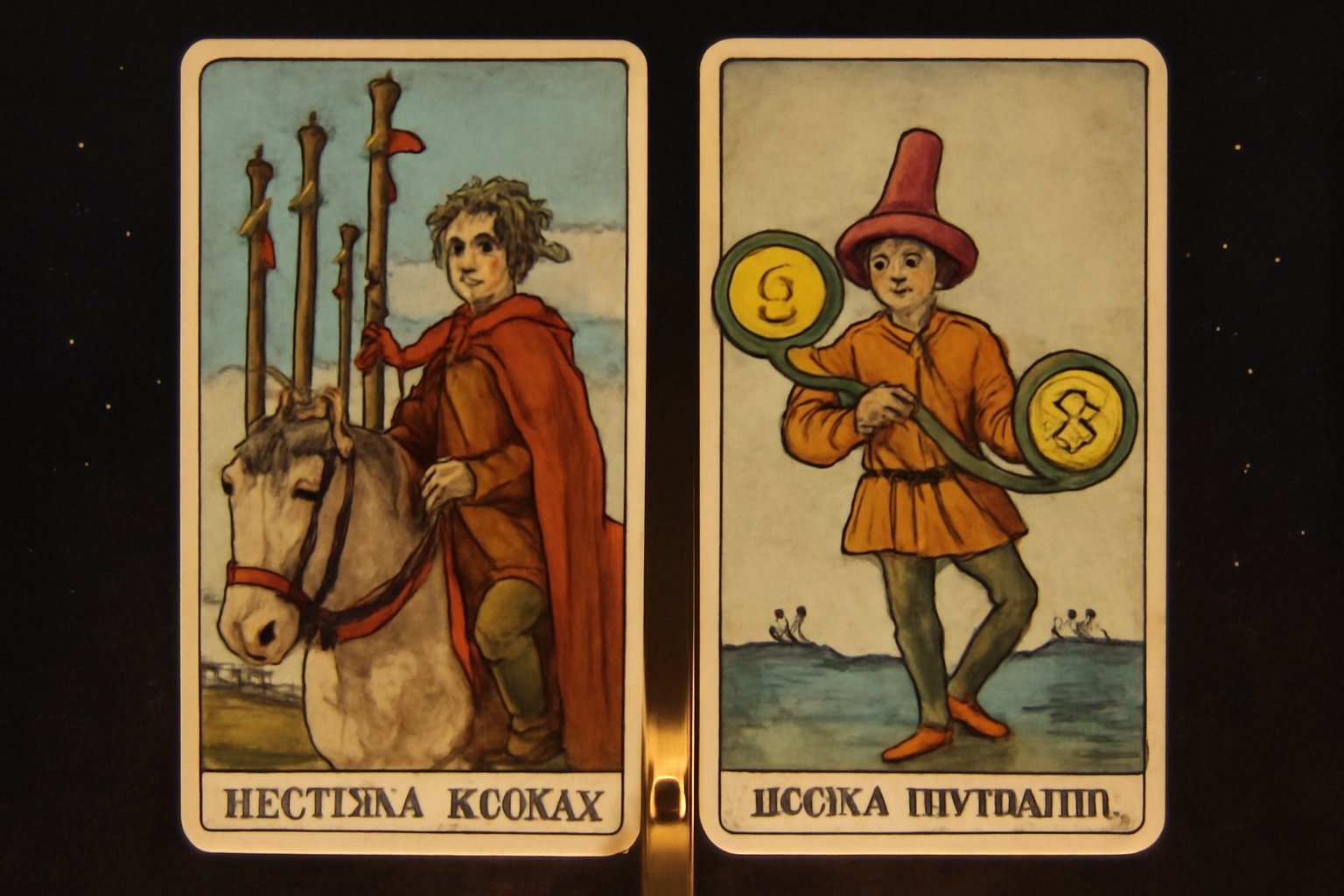 Шестёрка Жезлов и Двойка Пентаклей - иллюстрация таро